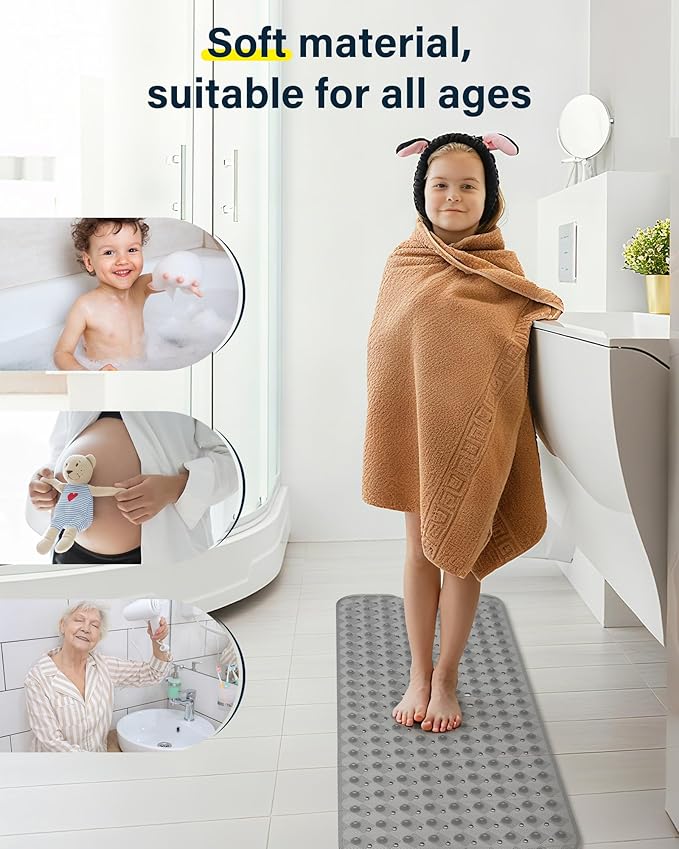 Non Slip Bathtub Mat for Tub & Shower, Machine Washable 40"x16" Anti Slip Bath Mat with 2 Hooks, Soft & Comfortable and Extra Large for Families, Clear Grey