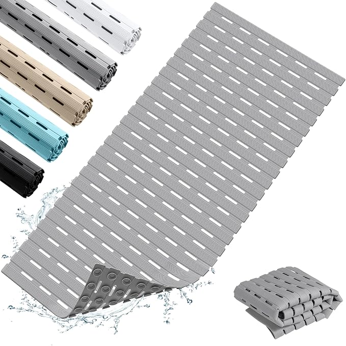 OTHWAY Non Slip Shower Mat, 36.6" x 16.9" Soft Bath Mat for Tub Non Slip, Anti Slip Shower Mat with Suction Cups, Easy to Cut Shower Floor Mat, Machine Washable Bathtub Mat, Light Grey