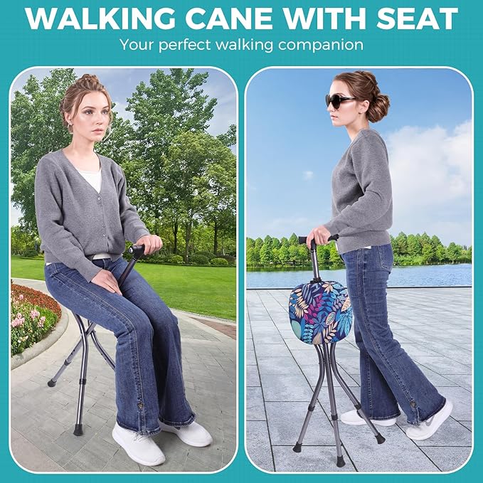 Portable Adjustable Folding Walking Cane with Seat and Cushion，Cane seat for Seniors with Magnetic Massage Handle, Lightweight Walking Cane with LED Light，Supports up to 330 Pounds