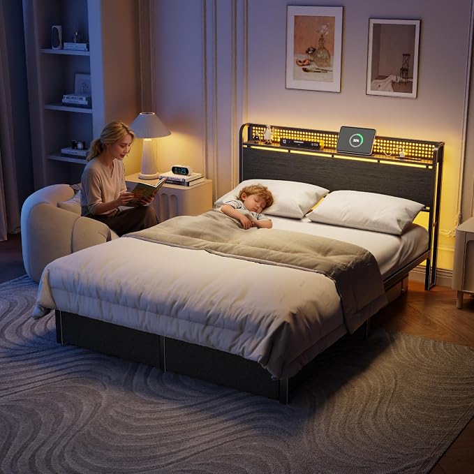 Queen Bed Frame with Headboard Storage, Charging Station, Drawers | 2-Tier Wood Shelves,LED Lights,1200 Lbs Capacity,USB & Type-C Ports,No Box Spring Needed,Noise Free,Easy Assembly,Rustic Grey