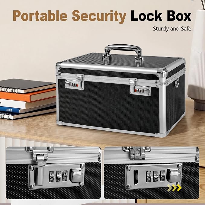 Black Medication Combination Lock Boxes with Code for Personal Items, Medicine Lockbox for Documents 14.76 x 7.6 x 9.1 Inches Colorful Large
