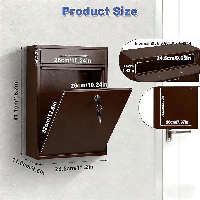 KYODOLED Locking Wall Mount Mailbox for Outside, Drop Box, X-Large, Bronze | Heavy-Duty Steel, Outdoor Mail Box with Key Lock, Large Capacity, Home, Office & Apartment Use, 16.2H × 11.2L × 4.6W In