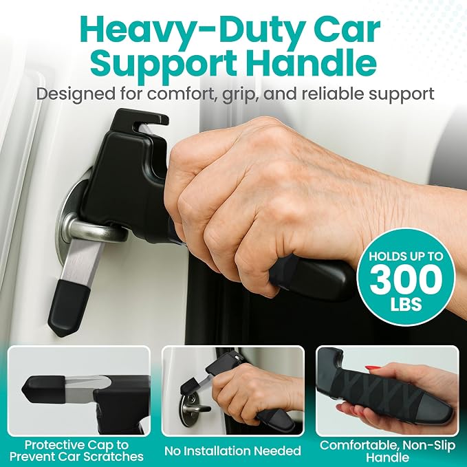 Car Door Handle for Elderly - Car Cane Mobility Aid Tool, Steel Hook, Supports Up to 300 lbs, 3 in 1 Car Door Latch Bar for Seniors & Handicapped, Easy Tool-Free Use, Pack of 1 - (Black)