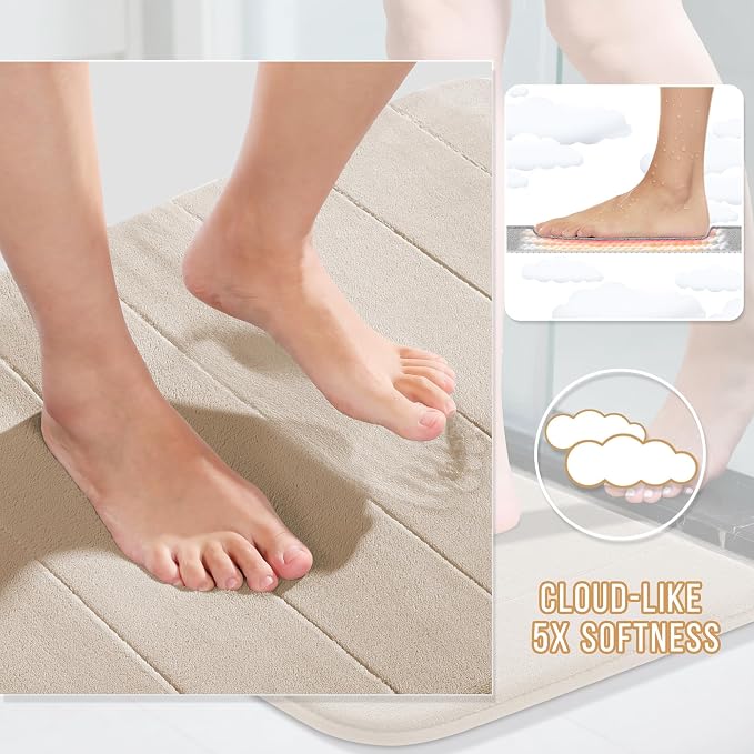 Yimobra Memory Foam Bath Mat, Super Soft Absorbent Bathroom Rug Non Slip 31.5x20 Inch, Quick Dry, Machine Washable Floor Carpet for Tub Shower, Home Decor Accessories, Beige