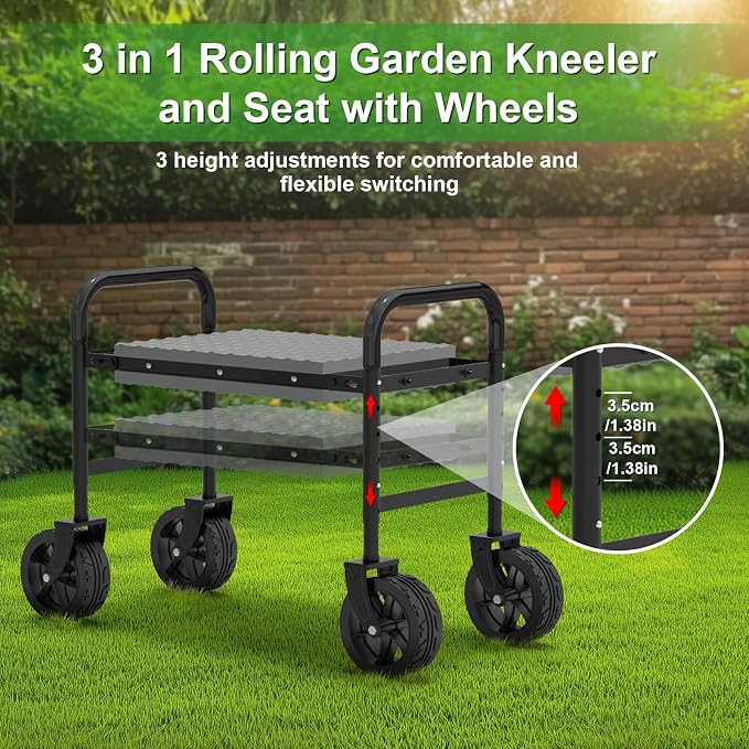 Garden Kneeler and Seat with 360° Wheels: 3-in-1 Rolling Gardning Stool | Foldable Garden Seat with Extendable Legs - Thick Pad and Tool Pouches - Heavy Duty Gardening Bench for Seniors