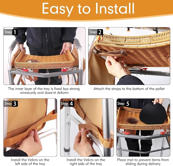 Handwoven Rattan Walker Tray for Folding Walker, Tray for Walker for Seniors Detachable with Cup Holder,Walker Accessories for Elderly,Tray Table Fits Most Standard Walkers (Brown)