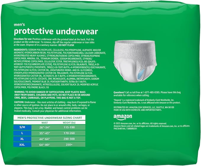 Amazon Basics Maximum Absorbency Incontinence Underwear for Men with Leak Protection, Advanced Odor Protection, Soft Cotton Feel, Large, 18 Count (Pack of 2)
