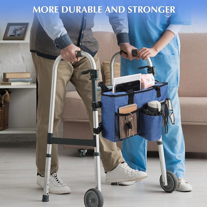 Walker Accessories for Folding Walker with Cup Holder,Pocket, Organizer Carry Storage Pouch Bag Buckle (Blue)