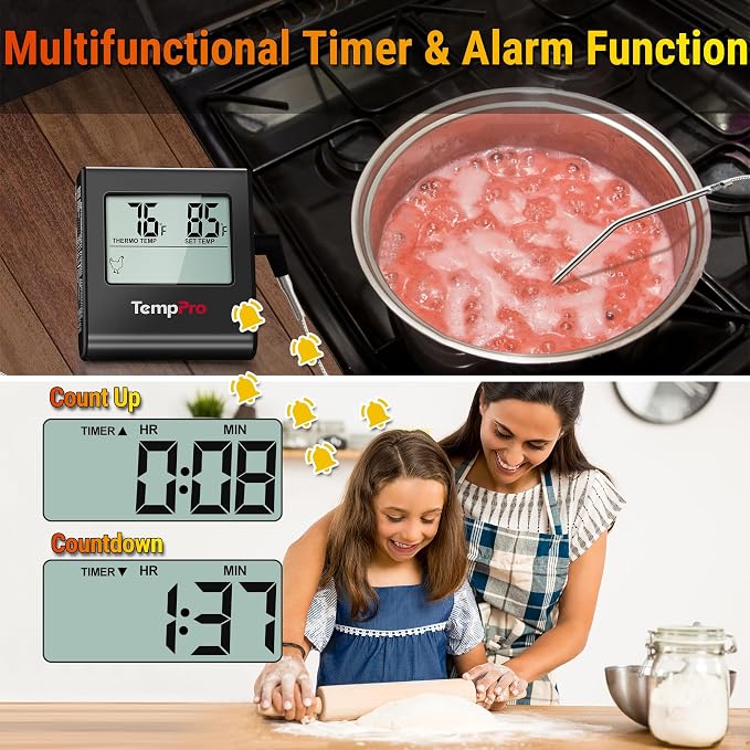 TempPro TempTrack Large LCD Digital Meat Thermometer for Cooking, Smoking | Kitchen Food Probe Thermometer With Clock Timer, Stainless Steel Temperature Probe for Oven Smoker BBQ Grill Candy, Black