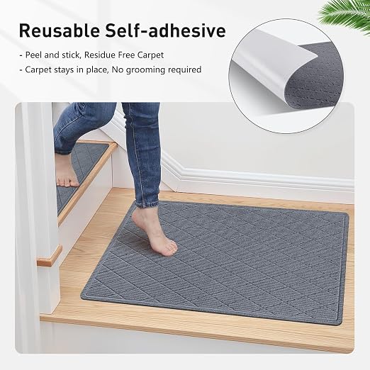 Stair Treads with Landing Rug for Wooden Steps Indoor, Peel and Stick Stair Treads Matching-Mat 20"X32" Stair Landing Slip Resistant Polyester Stair Rugs Non Slip for Seniors and Dogs,Grey Blue