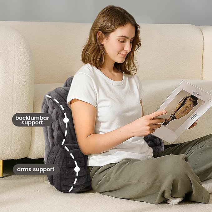 Amélie Home Faux Fur Reading Pillow with Pocket for Sitting in Bed, Kids Backrest Bed Pillow with Washable Cover for Lounging, Study & Relaxing, Grey 17 inches
