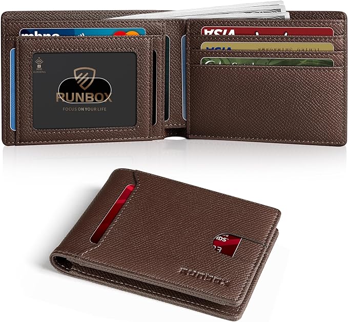 RUNBOX Wallet for Men, Slim Leather Bifold, RFID Blocking Card Holder | Minimalist Front Pocket Design, Credit Card Organizer, Holds 11 Cards, Large Capacity, Thin Profile, Birthday Gifts for Men
