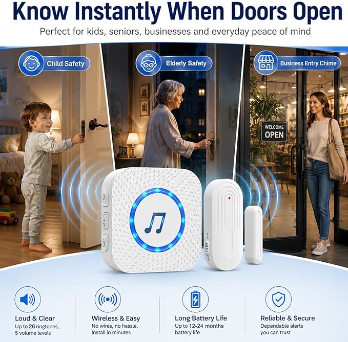 Door Chime,Wireless Door Open Alarm-SANJIE Door Entry Chime with 26 Chimes 5 Adjustable Volume Mute Mode for Business/Home/Store, Pool Alarm with 500ft Range LED Indicators, 1 Receivers + 1 Sensors