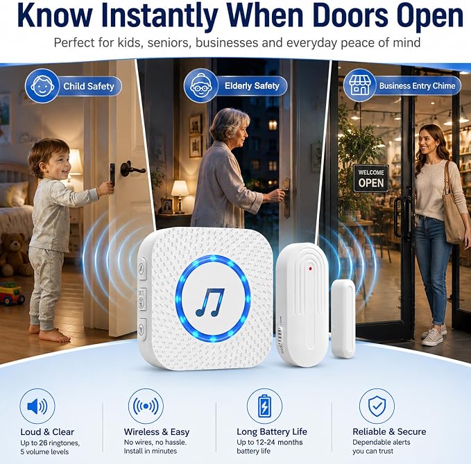 SanJie Door Chime, Door Open Contact Sensor Alarm for Business/Store/Home/Office When Entering, with 500 FT Range,26 Chimes 5 Adjustable Volume 2 Receivers +2 Sensors