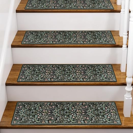 OJIA Floral Stair Treads Non-Slip Stair Runner for Wooden Steps 4PCS 30"x8" | Indoor Carpet Stair Treads Stair Mats Staircase Step Treads for Kids, Elders and Dogs, Stair Covers, Black