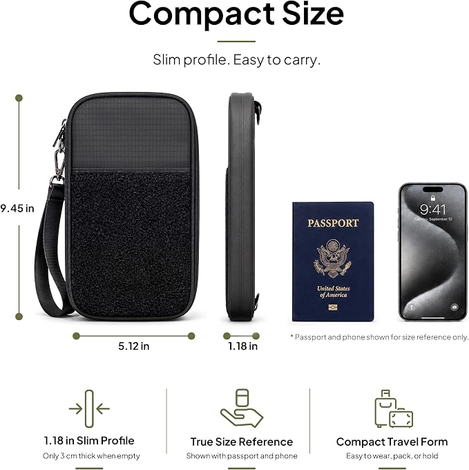 Crossbody Family Passport Holder for 4 with Tracker Slot | RFID Blocking, Holds 4 passports and 8 cards. Crossbody and wristlet carry modes in water-resistant 210D nylon.