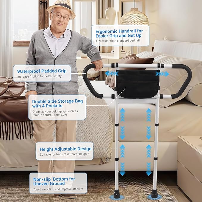 Klvied Bed Rails for Elderly Adults Safety, Bed Side Rails with Non-Slip Handles, Adjustable Bed Cane with Motion Light and Storage Bag, 400LB Gravity Capacity
