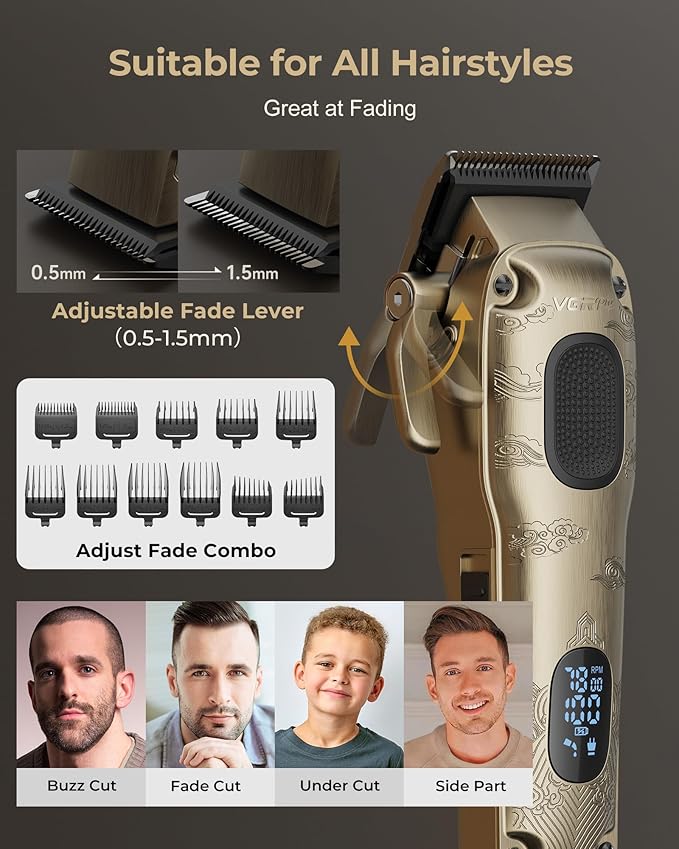 VGRPRO Hair Clippers for Men Professional, Cordless Clipper and Trimmer Set | 7000RPM Grooming Kit with EVA Case, LED display, 14 Guide Combs (including Right & Left Ear Taper Combs), Nose Trimmer Head