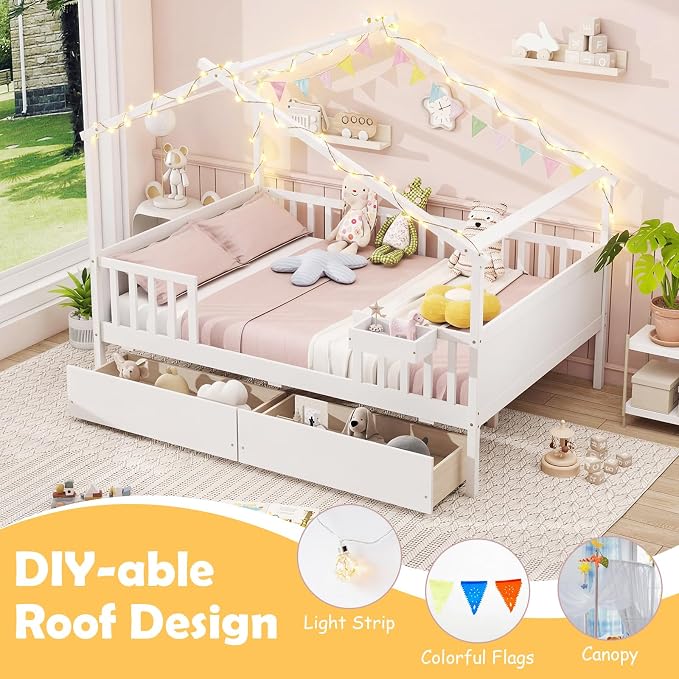 Giantex Full House Bed with Drawers, Wooden Full Size Bed Frame with Cube Storage & Fence Rails, Montessori Beds for Kids Boys Girls, Bedroom, Living Room, No Box Spring Needed, White