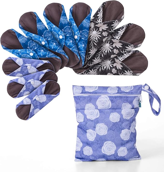 Teamoy Reusable Menstrual Pads, Cloth Sanitary Pad, Panty Liners, Plant | Washable Pads with Charcoal Absorbency Layers, Soft and Comfortable, 10 Pcs Pad with 1 Wet Bag, 3pcs×7.9"+4pcs×10"+3pcs×11.6"