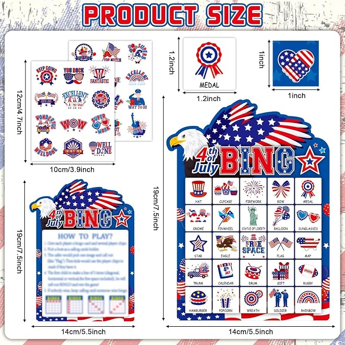39Pcs 4th of July Bingo Game for Adults Kids 24 Players Eagle Shape Bingo Game Cards with Reward Stickers for Family Friend Student Large Group Activities Independence Day Patriotic Party Favors