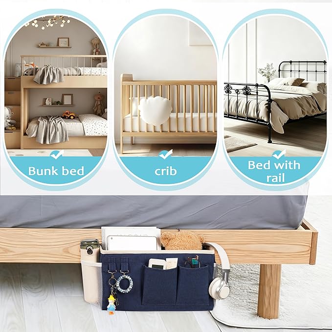 Bedside Caddy, Bedside Storage Bag Hanging Organizer for Bunk Dorm Bed Rail | Bed Caddy with Hooks, Top Bunks and Dorm Essentials for Water, Tissues, Tablets, Books, Phones, Remotes and Other Necessories