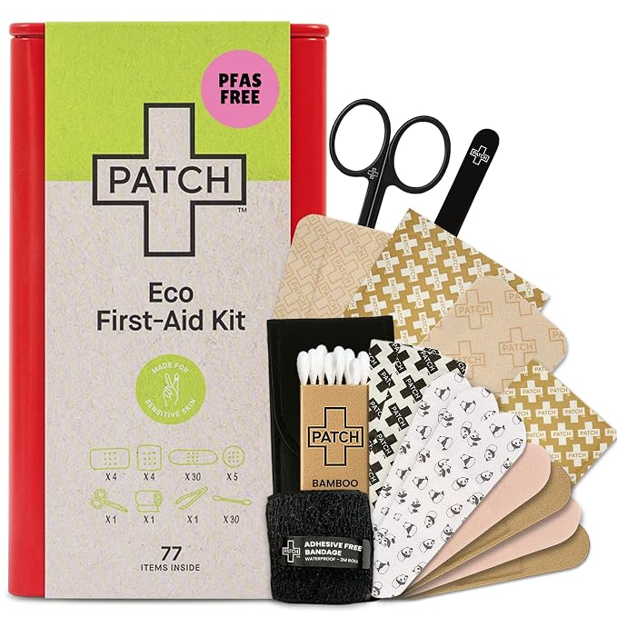 Patch Eco First Aid Kit, Assorted Hypoallergenic Adhesive Sizes Large and Small Bandages for Sensitive Skin, Essential Medical Supplies in a Reusable Tin, Latex Free, Sensitive Skin Bandages, 77 ct | Reusable, Assorted Adhesive Bandages, Wound Spray fo...
