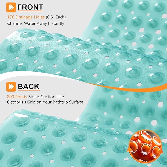 Yimobra Non Slip Bathtub Mat 40 x 16 Inch, Extra Long Shower Mat with Drain Holes, Machine Washable Baby Bath Mats, Strong Suction Cups for Bathroom Floor, Clear Green