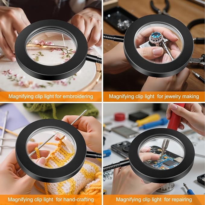Akynite 10X Magnifying Glass with Light for Crafts, 3 Color+9 Brightness | Hands Free, Flexible Gooseneck, USB, No Adapter, Dimmable, 58 LED, 2 in 1 Magnifier Desk Lamp for Reading DIY Repair