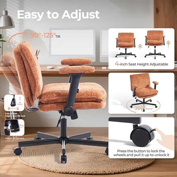 Criss Cross Chair with Flip-Up Arms and Lockable Wheels, Plush Fabric Cross Legged Office Desk Chair,Wider 125°Tilting Adjustable Swivel Computer Chair for Home, Apartment, Bedroom,Brown
