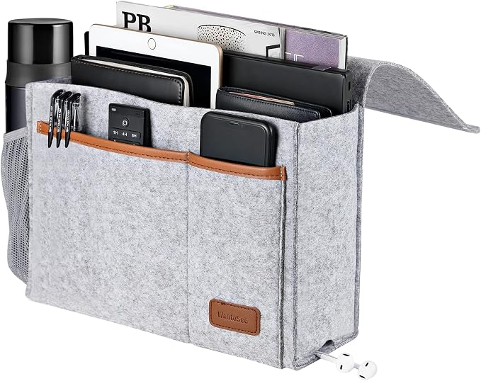 Bedside Caddy, Felt Bed Storage Organizer Hanging Bag Holder with 5 Pockets, Magazine Book Phone Tablet iPad Cables Remote and Water Bottle Holder for Home Dorm Bed Sofa, Light Gray