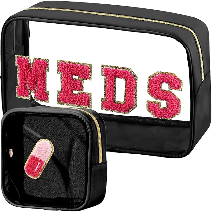 BuyCard 2 Pcs Medicine Chenille Letter Bag Preppy Clear Makeup Meds Pouch for Travel Nylon & PVC Transparent Cosmetic Bag Preppy Patch Toiletry Storage for Women Girls Black