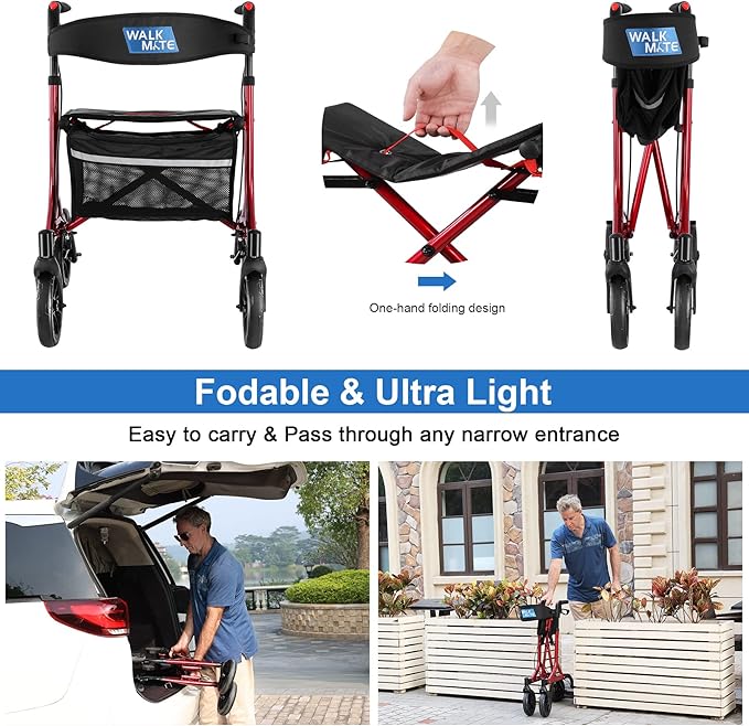 WALK MATE Rollator Walker for Seniors with Cup Holder, Upgraded Thumb Press Button for Height Adjustment, 4 x 8 Wheels Walker with Seat Padded Backrest Folding Lightweight Walking Aid, Red
