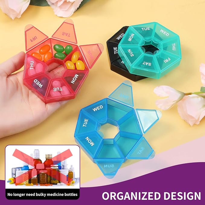 6 Count Heptagon Weekly Pill Organizers – 7-Day Pill Boxes with Mon–Sun Labels, 3.27" Portable Vitamin Case, Secure Snap Lids, 9 Color Sets for Travel & Daily Storage