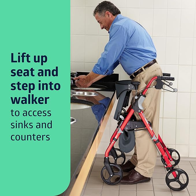 Medline Rollator Walker with Seat, FSA/HSA Eligible Rollator Walker for Seniors, 8” Wheels, Memory Foam Seat, Folding Rollator, 300 lb Capacity, Cupholder, Microban* Protection, Red