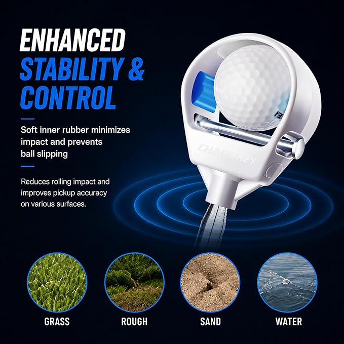 CHAMPKEY Upgraded Auto-Locking Golf Ball Retriever Performance Version - Thicken Telescopic Shaft Golf Ball Picker - High Durability and Stability Golf Retriever