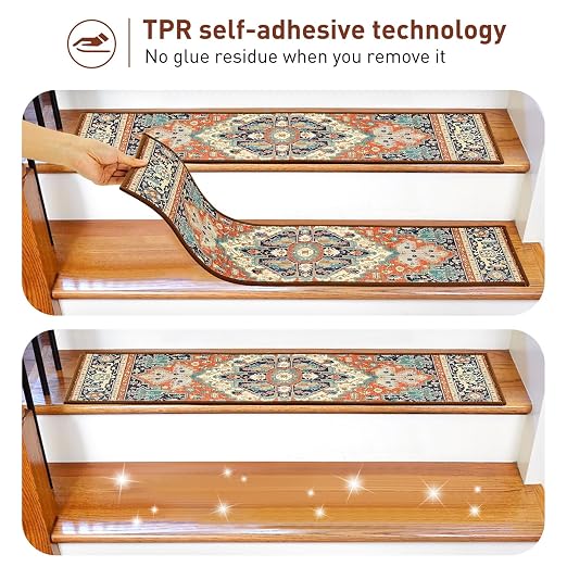 Stair Treads for Wooden Steps Indoor, 15 Pack 8" X 30" Non Slip Carpet Stair Treads with Reusable Adhesive for Kids Elders and Dogs, TPR Backing Stair Rugs Oriental Staircase Step Treads,Bohemia