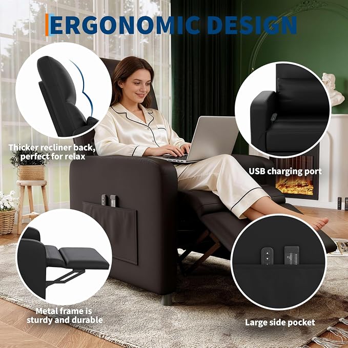 GarveeHome Power Recliner Chair with Massage and Heat, Adjustable Electric Recliner Ergonomic Overstuffed PU Leather Single Sofa, 2 Side Pockets and USB Port, Home Theater Seating for Living Room