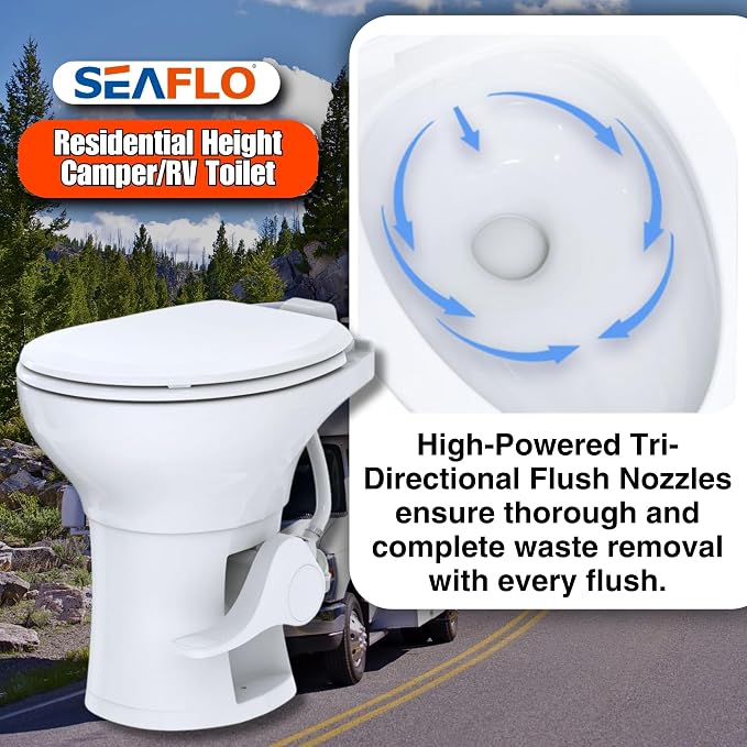 SEAFLO Porcelain RV Toilet with Sprayer Attachment - Elongated Bowl 19” Inch Residential Height, Gravity Flush, Foot Pedal Soft Close Seat Camper Motorhome Easy Install 4 -year Warranty SFRTCH-02-02