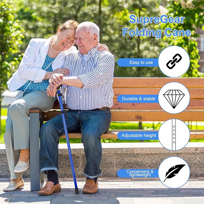 supregear Folding Cane, 5-Level Adjustable Height Walking Stick Lightweight Collapsible Portable Travel Cane with Wrist Strap and T Handle for Elderly Disabled Men Women