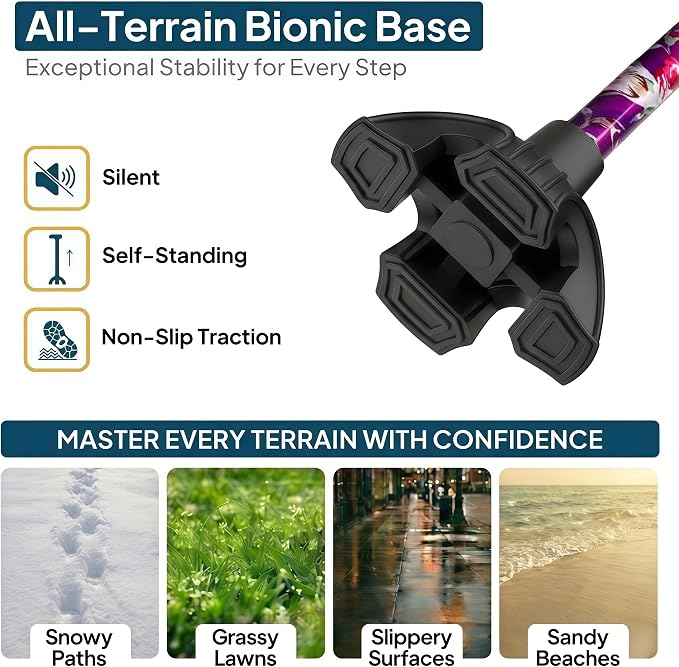 Walking Cane with LED Light, Foldable,Adjustable, Self Standing Walking Canes for Men & Women,Walking Sticks with Quad Base for Seniors & Adults
