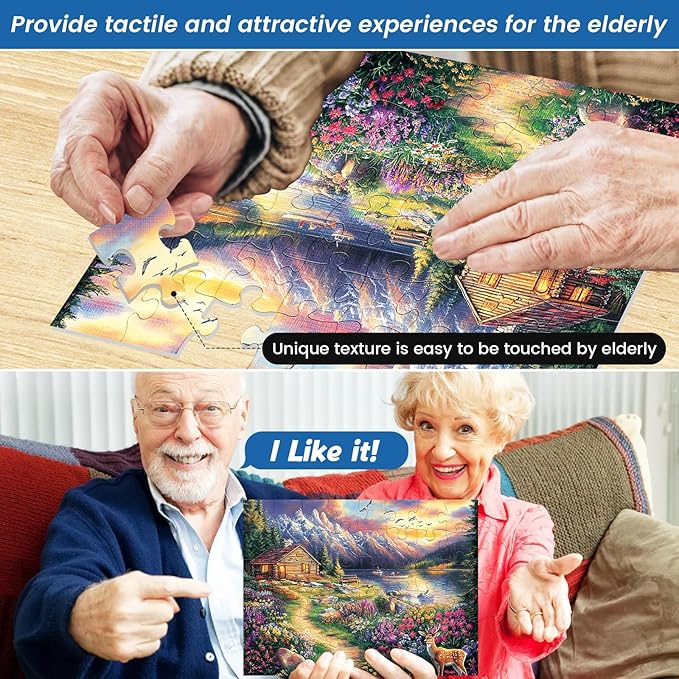 3 Pack 48 Large Piece Puzzle for Seniors Alzheimer’s Puzzles Dementia Alzheimer's Products Activities for Elderly Adults Mountains Village Sea Easy Jigsaw Puzzle Cognitive Games with 3 Storage Bags