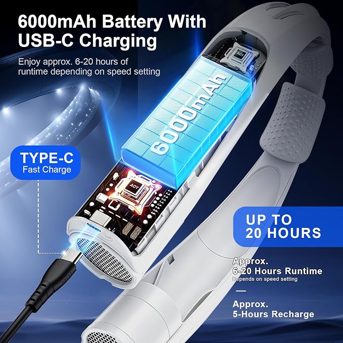 Portable Neck Fan with Reading Light, 6-Speed Wearable Fan, 6000mAh USB-C Rechargeable Hands Free Fan, Summer Gifts for Men Women, for World Cup, Outdoor Work, Travel, Camping - White