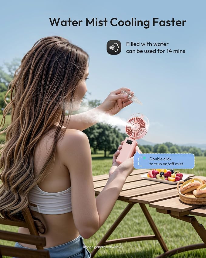 Gaiatop Portable Misting Fan, Rechargeable Handheld Fan with Water Spray | Water Mist Spray, Foldable Design, 3 Speeds, LED Display, USB Rechargeable Fan for Travel, Concerts and Outdoor Use