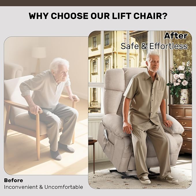 Power Lift Recliner Chair for Elderly, Big and Tall Lift Chair with Massage and Heat for Living Room, Fabric Electric Recliner Chairs with 4 Side Pockets, USB Charge Port,Beige