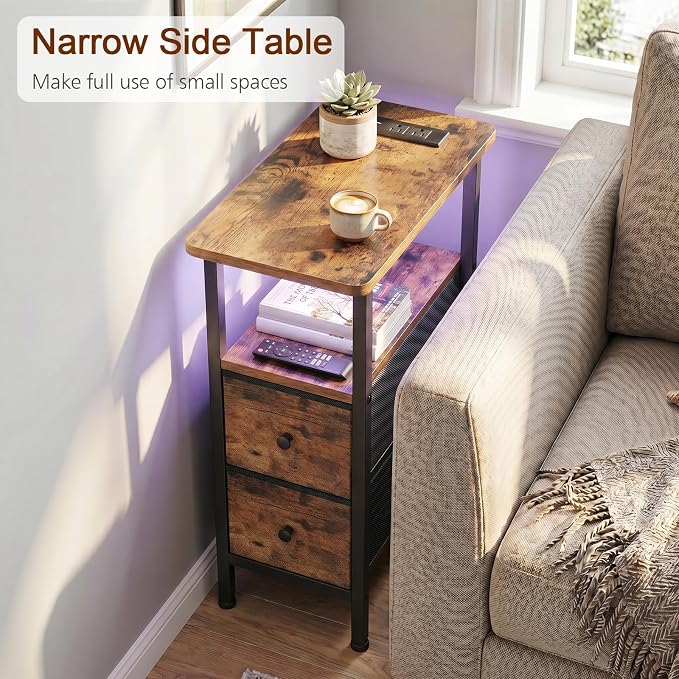 Narrow End Table with Charging Station, Small Nightstand | Skinny Side Tables Living Room with 2 Fabric Drawers, Bedside Table with LED Lights for Bedroom, Small Spaces, Rustic Brown