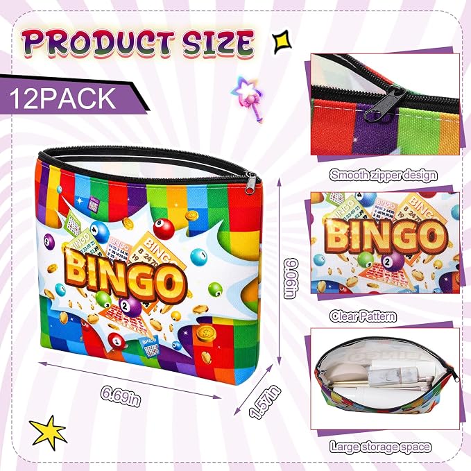 12 Pcs Bingo Gifts Makeup Bags Bingo Game Lover Gifts Travel Zipper Pouch for Seniors Mom Grandma Women Players