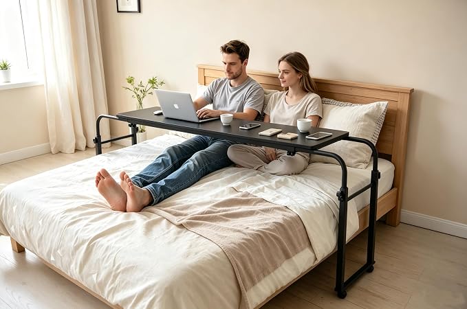 Overbed Bedside Table with Wheels Portable Rolling Laptop Desk Cart Computer Table Over The Bed Table Adjustable Height and Length with Tilt Stand Board for Bed Hospital Home and Office (Black-M)