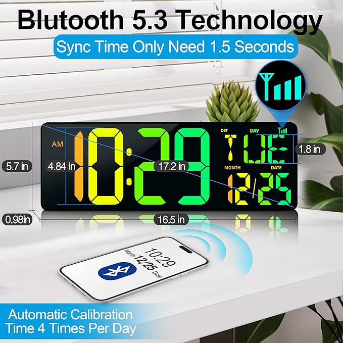 17.2" Large Digital Wall Clock with Bluetooth Auto Sync Time Big Timer | Led Digital Clock Large Display,11 RGB Color,Auto Dimming/DST, with Remote Control for Home Classroom Gift for Mom Dad