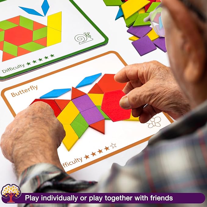 Memory Game for Senior, Dementia Activities Toy Tangram Puzzle for Elderly | 80 Pieces Wooden Cognitive Games for Alzheimer Patients, Large Colorful Shape Pattern Matching Board Brain Care Gifts Craft